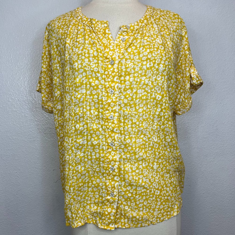 Anthropologie Mustard Yellow Animal Print Cotton Blouse Size L